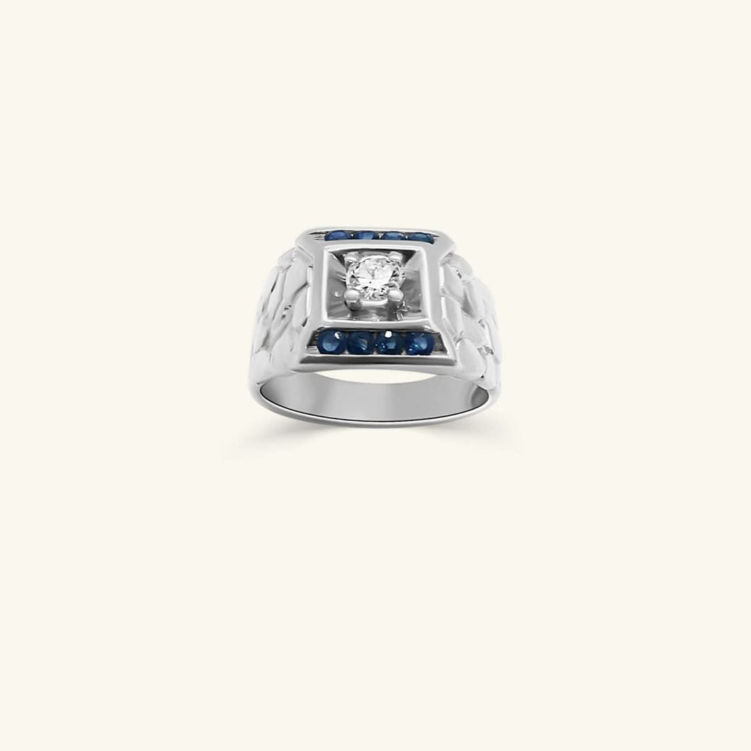 Men’s 14K White Gold Diamond & Blue Sapphire Signet Ring