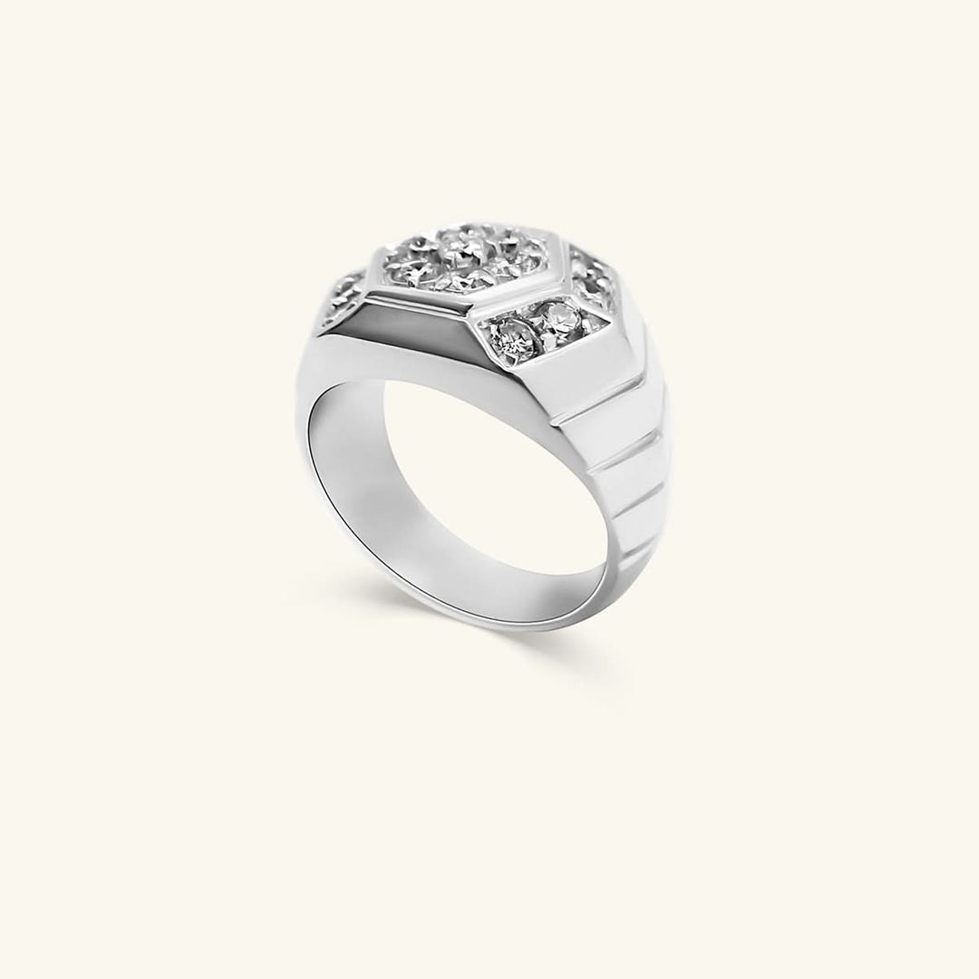 Men’s 14K White Gold Hexagon Diamond Cluster Signet Ring