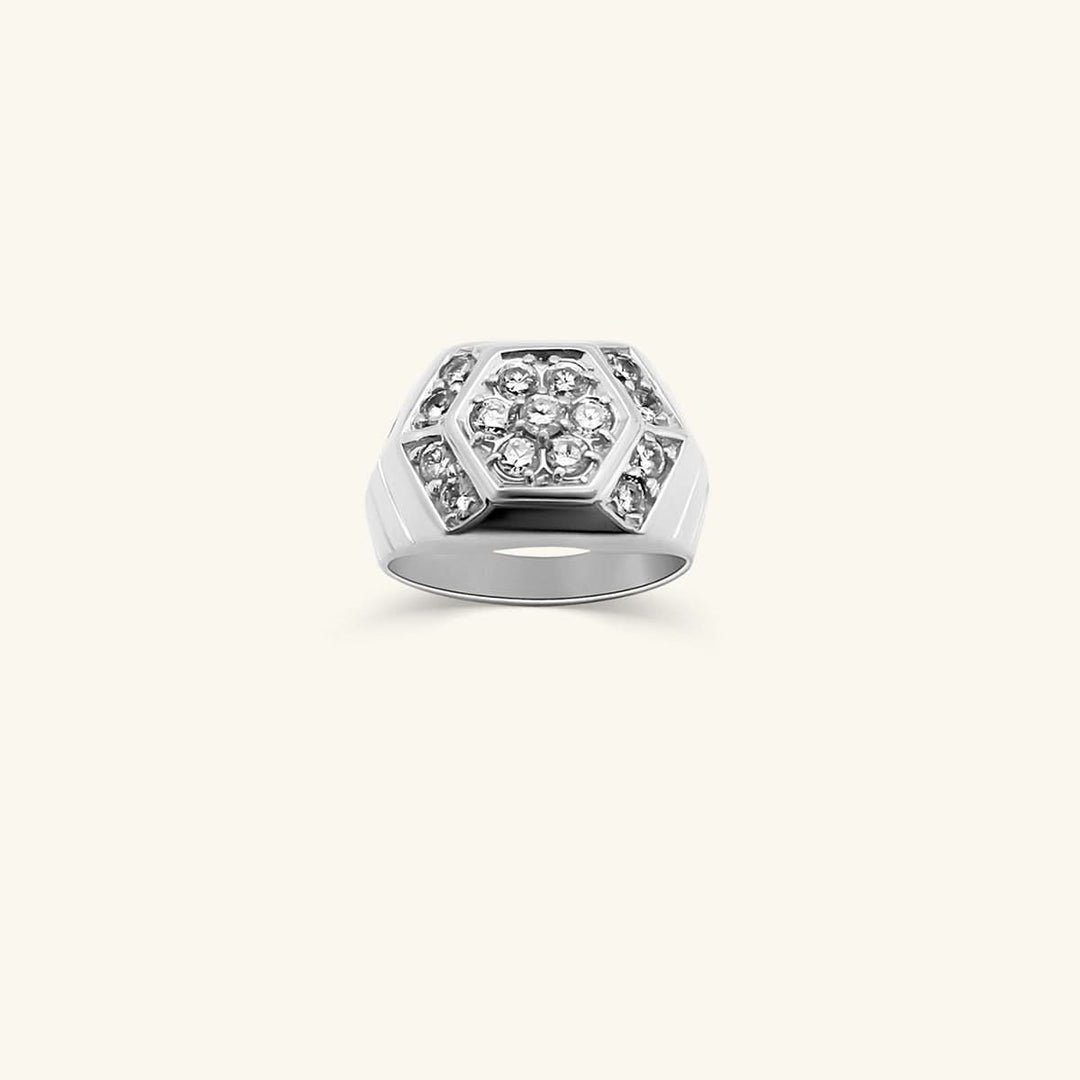 Men’s 14K White Gold Hexagon Diamond Cluster Signet Ring