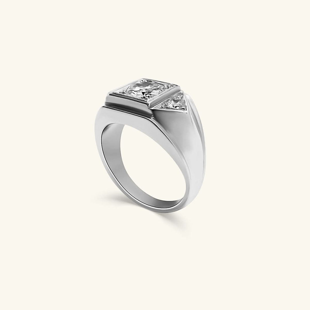 Men’s 14K White Gold Hexagon Diamond Signet Ring