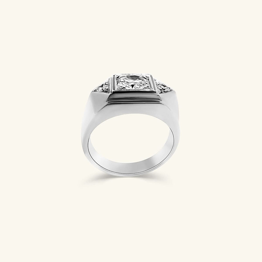 Men’s 14K White Gold Hexagon Diamond Signet Ring