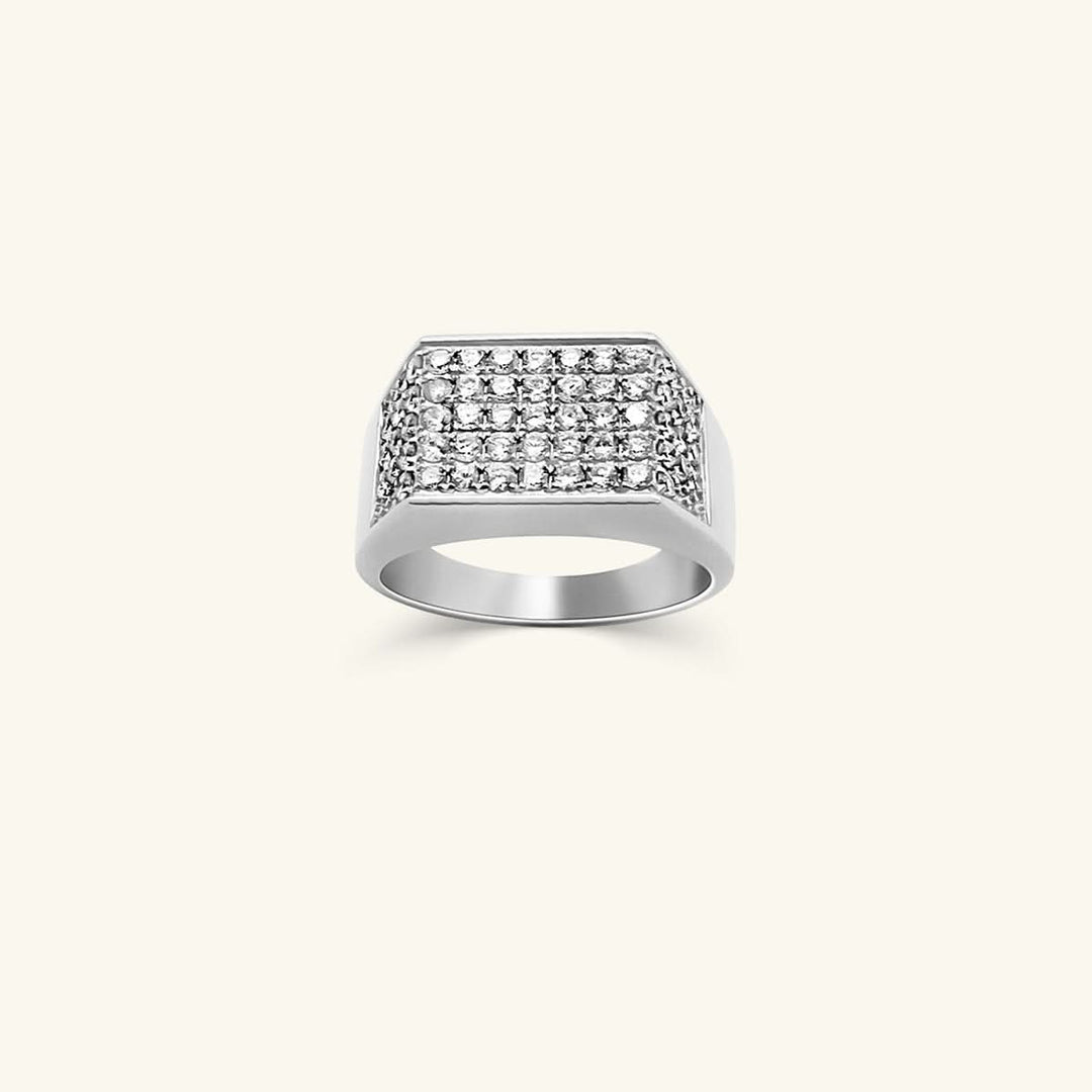 Men’s 14K White Gold Pavé Diamond Rectangular Signet Ring