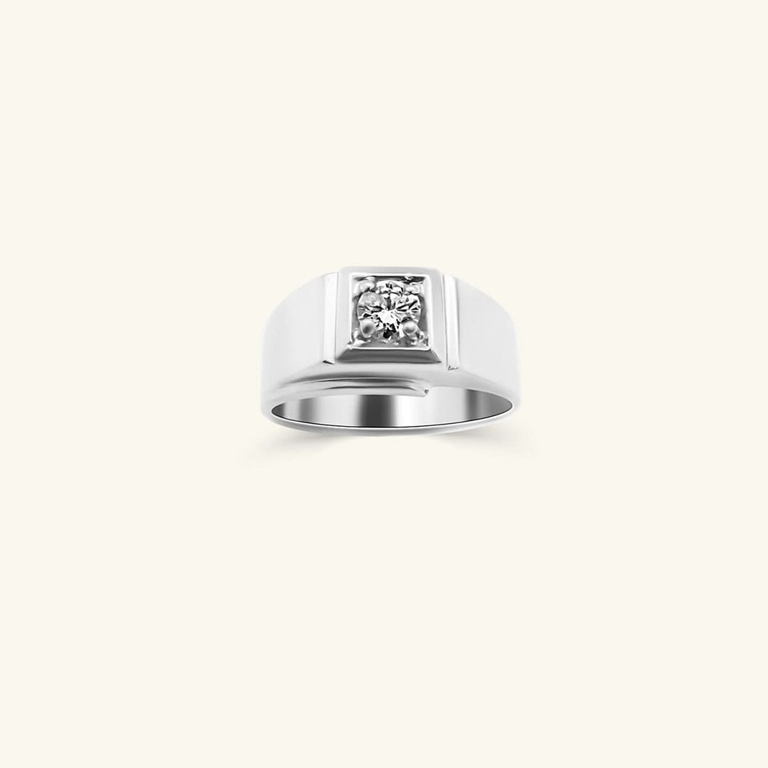 Men’s 14K White Gold Single Diamond Wide Band Ring