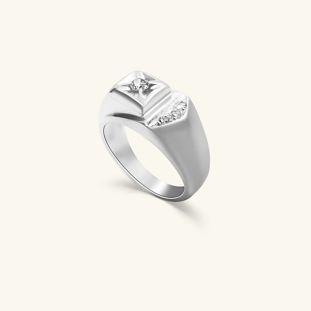 Men’s 14K White Gold Star-Set Diamond Signet Ring
