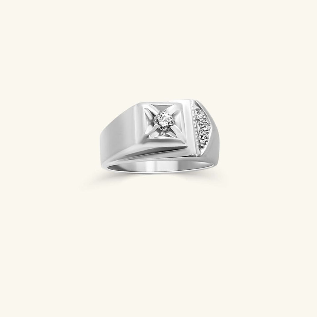 Men’s 14K White Gold Star-Set Diamond Signet Ring